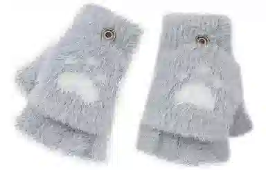 优幽兰 翻盖可爱猫爪露半指针织毛线学生上学通勤设计感小众防风防寒保暖卡通便携护手 绒线手套 女款