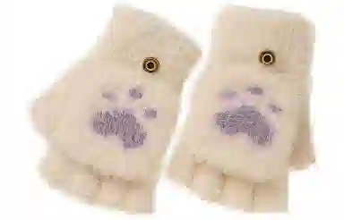 优幽兰 翻盖可爱猫爪露半指针织毛线学生上学通勤设计感小众防风防寒保暖卡通便携护手 绒线手套 女款