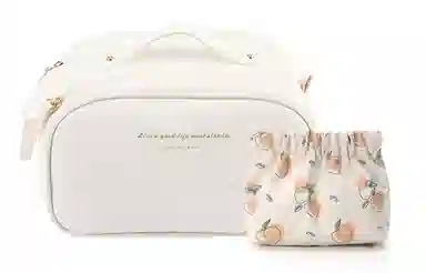 乐活旅行 耐脏防水大容量便携式皮革面包款双拉链化妆包 男女同款 白色/藕色