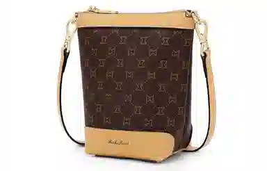 马莎兰缇 复古老花经典百搭高级感气质小众上班通勤欧美风个性 合成革 水桶包单肩斜挎包 女款 深棕配杏/啡色