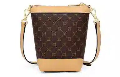 马莎兰缇 复古老花经典百搭高级感气质小众上班通勤欧美风个性 合成革 水桶包单肩斜挎包 女款 深棕配杏/啡色