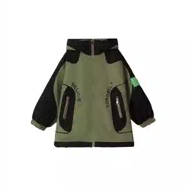 鸭鸭 拼色摇粒绒内胆三合一户外防水冲锋外套 儿童款 黑色撞军绿色