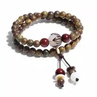 饰伴 绿檀香木  国潮新中式森系檀木佛珠新中式国风檀香莲花转运珠多圈叠戴 手链 男女同款情侣款