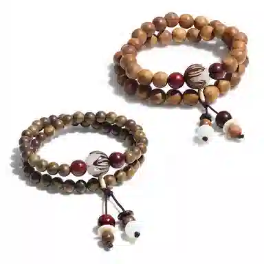 饰伴 绿檀香木  国潮新中式森系檀木佛珠新中式国风檀香莲花转运珠多圈叠戴 手链 男女同款情侣款