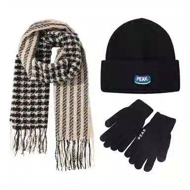 匹克 高级感格子流苏 保暖三件套 绒线围巾 男女同款情侣款