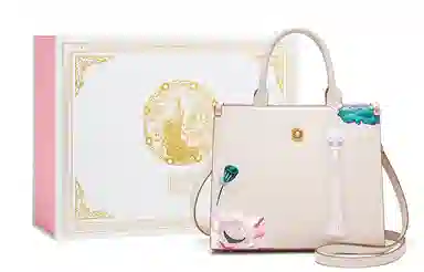 宫选 荷花系列 新潮古风复古香风 简约玉佩挂件 荷花莲花刺绣 山水庭院 牛皮 单肩斜挎手提包 小号 女款 荷塘月色