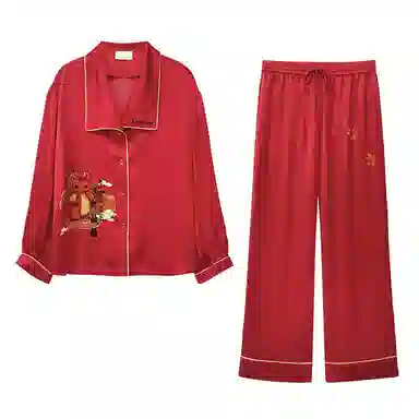桑罗  真丝睡衣家居套装新中式新年本命年红红色睡衣 翻领 正红家居服 女款新年新衣新年战袍