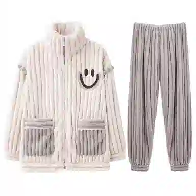 兰缪 秋冬季珊瑚绒男生睡衣 学生宿舍运动休闲加厚加绒家居服可外穿 家居套装  男款  白色