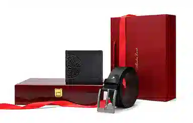 马莎兰缇 中国风印花超薄 纯色自动扣皮带 皮带组合套装 代写贺卡高档礼盒 头层牛皮 钱包 常规 男款 黑色