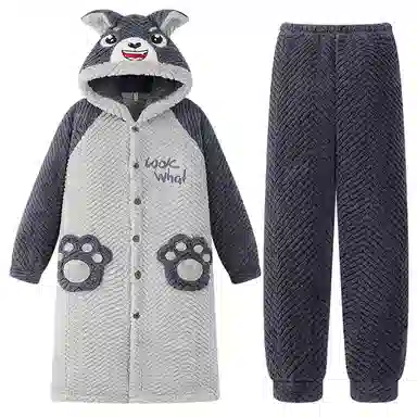 兰缪 秋冬季珊瑚绒男生 睡衣 卡通大象加厚加绒可外穿家居服睡衣套装 男款 黑色