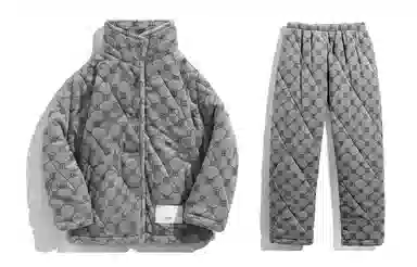 同语 寒冬保暖服 × 三层夹棉 睡衣女秋冬季三层夹棉珊瑚绒加厚款套装女士可外穿加绒家居服 家居套装 女款 月亮灰字母网格