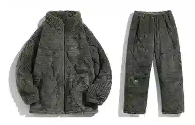 同语 寒冬保暖服 × 三层夹棉 情侣睡衣三层夹棉珊瑚绒加厚冬季家居服法兰绒加绒可外穿套装 家居套装 情侣款 松绿