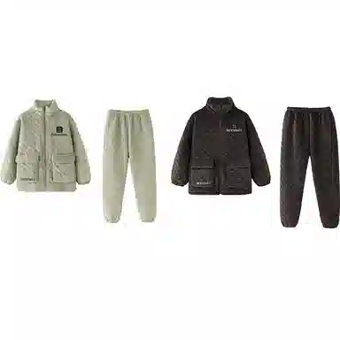 小情歌 糯叽叽的超厚珊瑚绒三层加厚夹棉保暖睡衣男秋冬家居服女冬季长袖长裤女士男士高领可外穿家居套装 情侣款 灰绿色+黑色