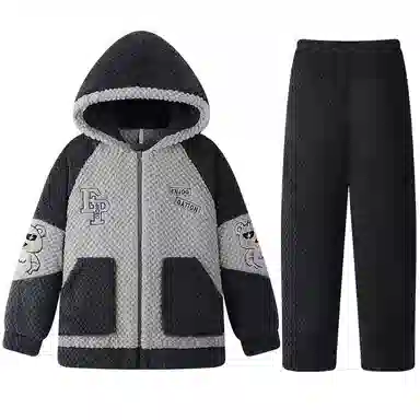 兰缪 秋冬季珊瑚绒睡衣 加厚加绒家居服 家居套装  男款  黑色