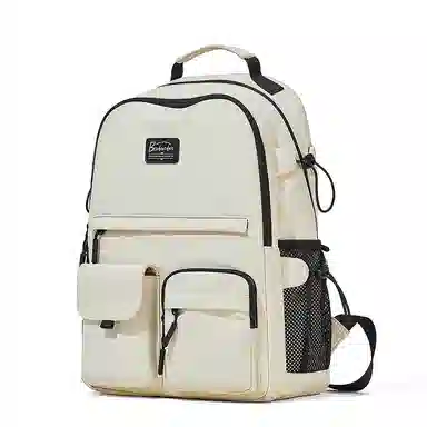 波斯丹顿 潮简约旅行休闲大学生通勤电脑 织物 书包双肩包 中号 男女同款情侣款 米黄/黑色