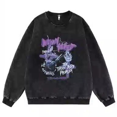 三体 字母印花宽松休闲做旧复古圆领套头卫衣 男女同款