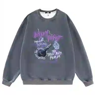 三体 字母印花宽松休闲做旧复古圆领套头卫衣 男女同款