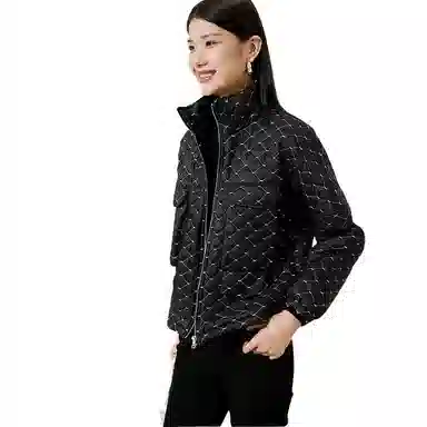 晚白 格子立领休闲长袖棉服 女款 黑色