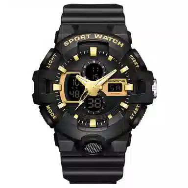 三达新款电子表双显多功能时尚潮流创意户外防水黑色表盘男士腕表国表电子+石英机芯