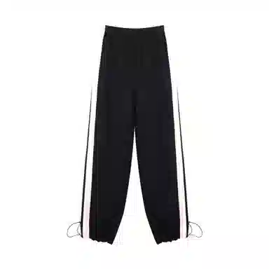 麓蔓蒂 条纹运动松紧阔腿休闲裤 女款 黑色
