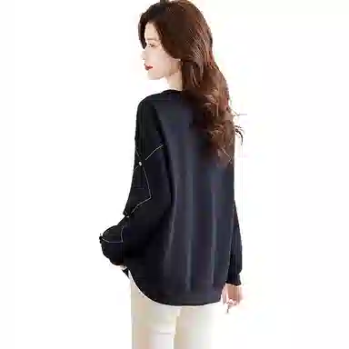 丝柏舍 拼接木耳边圆领套头宽松立体花朵拼色休闲设计感长袖卫衣 女款 藏青色