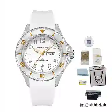 三达石英手表学生男女同款户外防水夜光简约可爱日历透明表壳国表 黑色表盘男女同款石英机芯