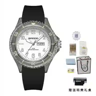 三达石英手表学生男女同款户外防水夜光简约可爱日历透明表壳国表 黑色表盘男女同款石英机芯