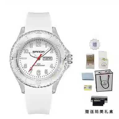 三达石英手表学生男女同款户外防水夜光简约可爱日历透明表壳国表 黑色表盘男女同款石英机芯