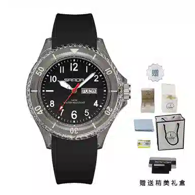 三达石英手表学生男女同款户外防水夜光简约可爱日历透明表壳国表 黑色表盘男女同款石英机芯