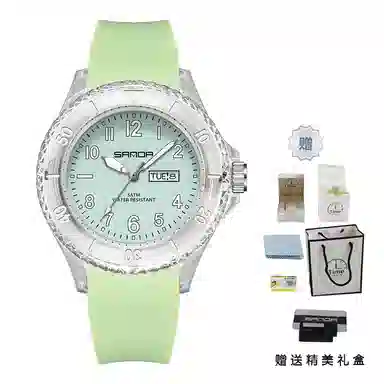 三达石英手表学生男女同款户外防水夜光简约可爱日历透明表壳国表 黑色表盘男女同款石英机芯