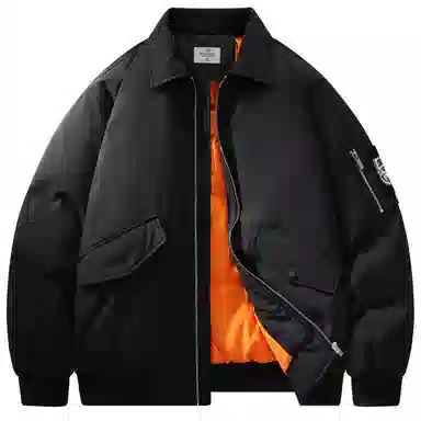 蜡笔小新 美式卡通人物像素字母印花袖袋袖徽休闲宽松加厚保暖翻领飞行员羽绒服 男女同款