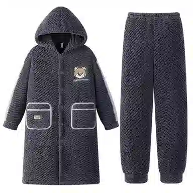 兰缪 秋冬季珊瑚绒男生 睡衣 卡通大象加厚加绒可外穿家居服睡衣套装 男款 黑色