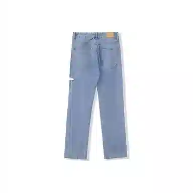 我是大卫 破洞设计宽松休闲直筒牛仔裤 男女同款 浅蓝色