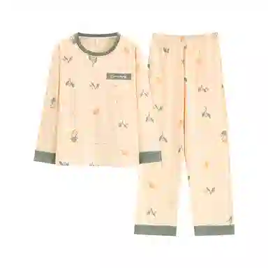 俏佳人 纯棉免穿文胸睡衣女印花长袖春秋季圆领套头柔软透气舒适带胸垫可外穿 家居套装  女款  杏色