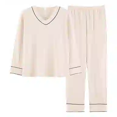 俏佳人 春秋季简约竖条纹纯棉长袖睡衣女纯色圆领套头柔软透气舒适可外穿 家居套装  女款  象牙白