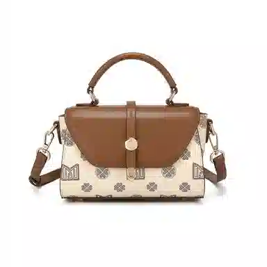 稻草人 复古老花撞色通印防水耐磨可调节肩 聚氯乙烯革拼聚氨酯革 小方包手提小包斜挎包带单肩包 小号 女款 深棕色/米白