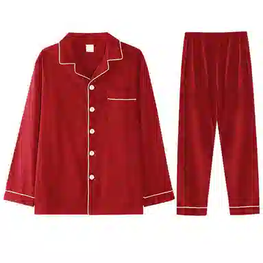 兰缪 简约单排扣长袖上衣松紧腰直筒长裤睡衣套装 女款 红色