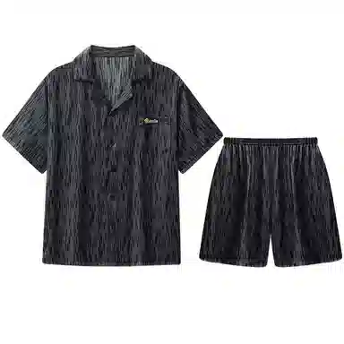 兰缪 时尚休闲单排扣翻领可外穿短袖上衣松紧腰短裤凉感冰丝睡衣套装 男款 黑灰色