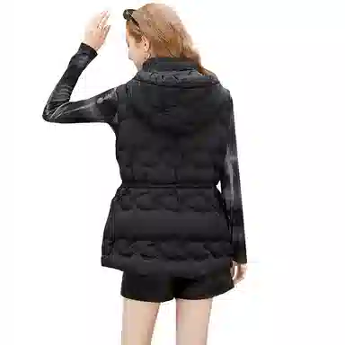 她池 抽绳收腰显瘦中长款马甲连帽棉服 女款 黑色