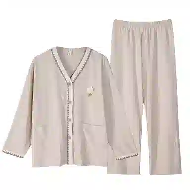 歌倩雅 拼色立体花卉刺绣长袖长裤可外穿睡衣套装 女款 杏咖