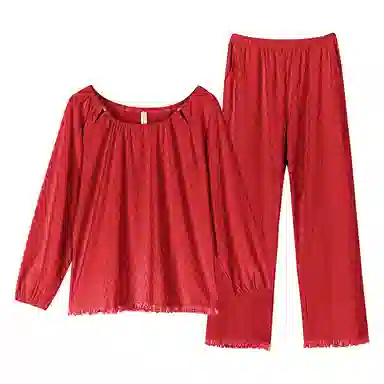 歌倩雅 休闲纯色圆领套头长袖上衣松紧腰长裤睡衣套装 女款 大红色