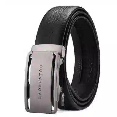 老人头 百搭极简设计休闲风 摔纹纹理 自动扣 牛皮革 皮带 男款 黑色