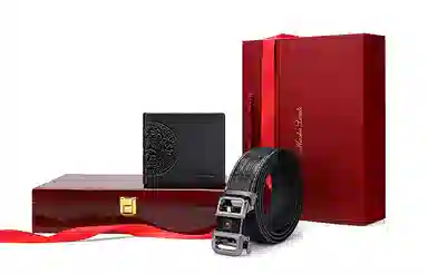 马莎兰缇 中国风印花超薄 纯色自动扣皮带 皮带组合套装 代写贺卡高档礼盒 头层牛皮 钱包 常规 男款 黑色