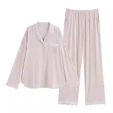 歌倩雅 简约单排扣休闲长袖上衣松紧腰直筒长裤睡衣套装 女款 粉色