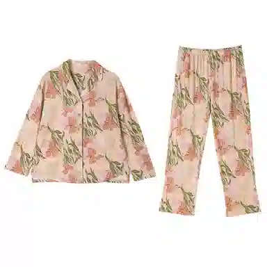 顶瓜瓜 舒适透气印花翻领长袖上衣松紧腰长裤睡衣套装 女款