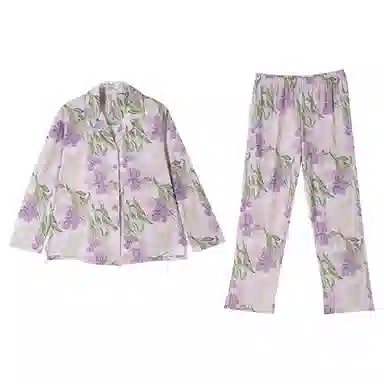 顶瓜瓜 舒适透气印花翻领长袖上衣松紧腰长裤睡衣套装 女款