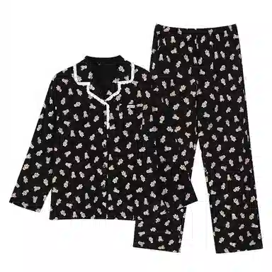 歌倩雅 翻领卡通满印上衣松紧直筒长裤睡衣套装 女款 黑色