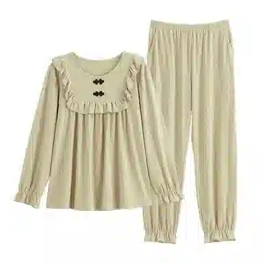 歌倩雅 圆领长袖上衣松紧腰长裤睡衣套装 女款 浅豆绿