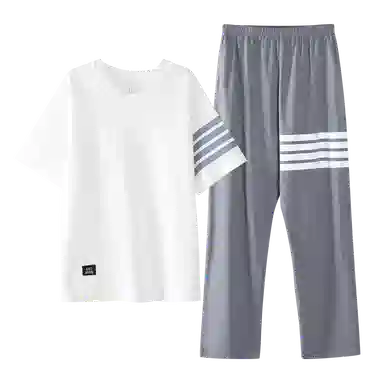 歌倩雅 休闲简约拼色圆领短袖上衣松紧腰长裤睡衣套装 女款 白色