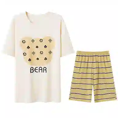 兰缪 卡通印花圆领套头短袖上衣松紧腰短裤睡衣套装 男款 杏色